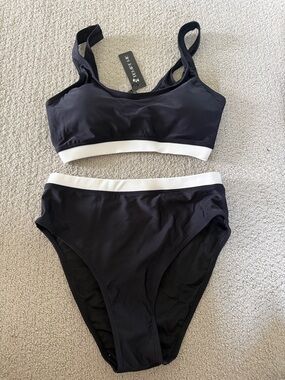 Black Bikini Set with White Trim — High-Waist Swim Set
